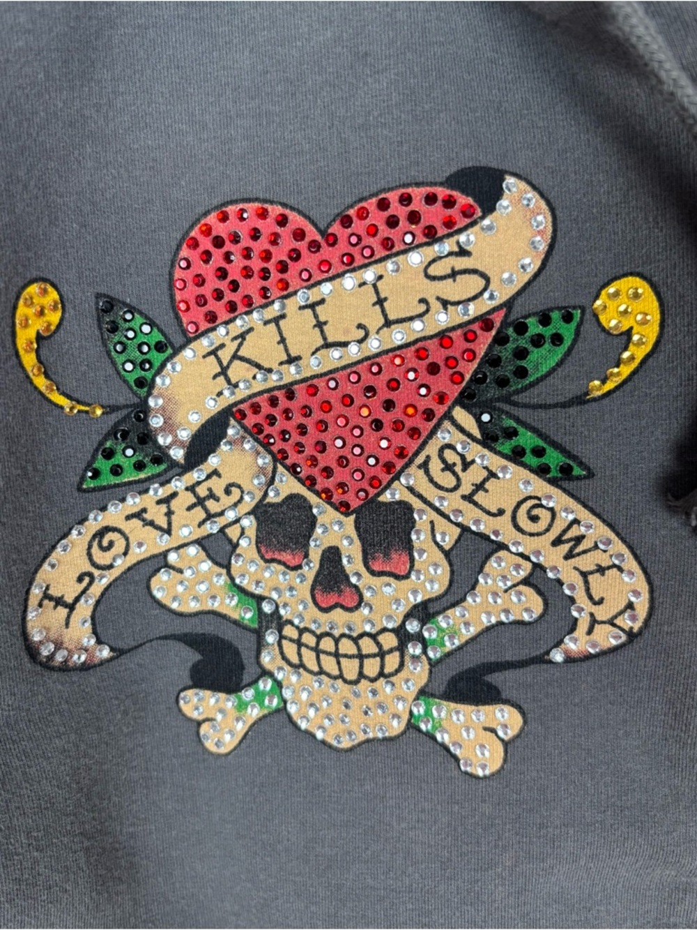 Vintage Ed Hardy Zip Up Hoodie Size Medium Love Kills Slowly Y2K Rhinestone - Picture 4 of 13